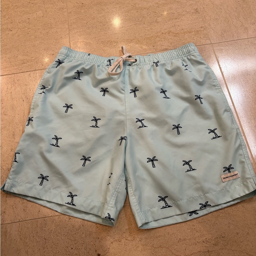 PACSUN Modern Amusement Blue Swim Trunks with Palm Tree Print